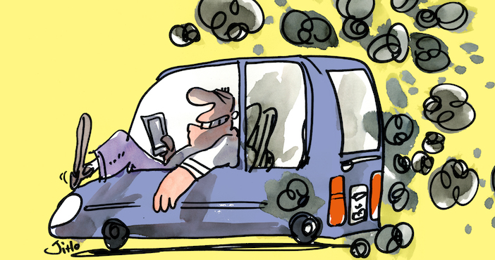 Pollution voiture à l'arret, dessin : Jiho