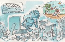 Un robot à son bureau rêve de vacances, dessin Christophe Lassalleces