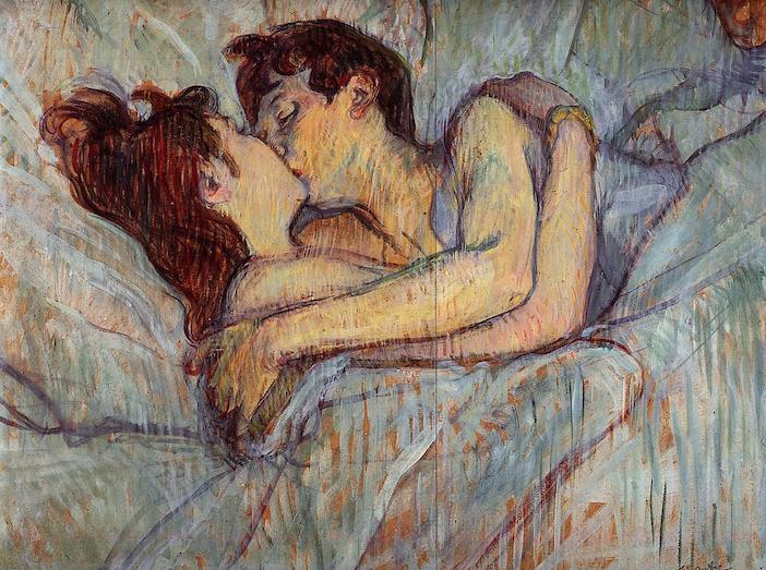 La symptothermie, une émtode de contraception naturelle. Sur l'image, un jeune couple s'embrasse dans un lit, tableau de Toulouse Lautrec.
