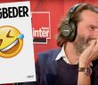 Frédéric Beigbeder à France Inter et la couverure de son roman L'Homme qui pleure de rire