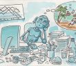 Un robot à son bureau rêve de vacances, dessin Christophe Lassalleces