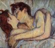 La symptothermie, une émtode de contraception naturelle. Sur l'image, un jeune couple s'embrasse dans un lit, tableau de Toulouse Lautrec.