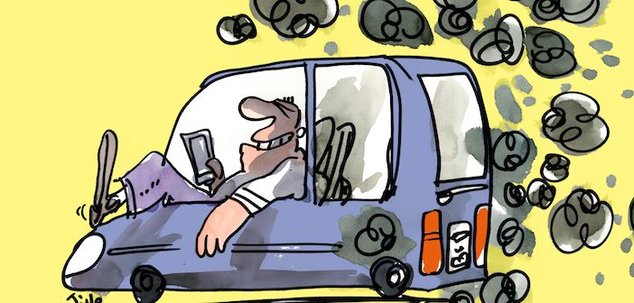 Pollution voiture à l'arret, dessin : Jiho
